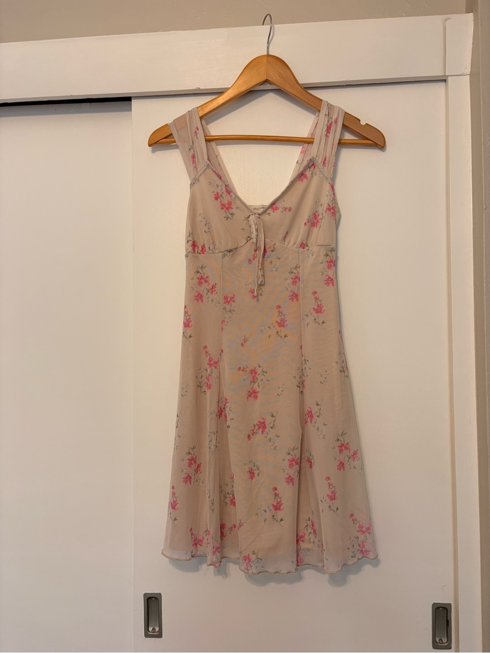 Beige Floral Tie-Front Mini Dress with Pink Accents